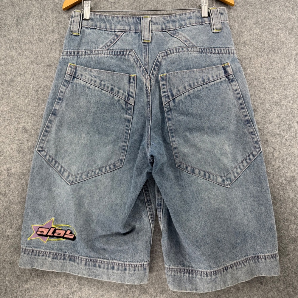 ALab Denim Shorts Mens 32 x 14 Blue Baggy Wide Leg Embroidered Graphic Y2K Style